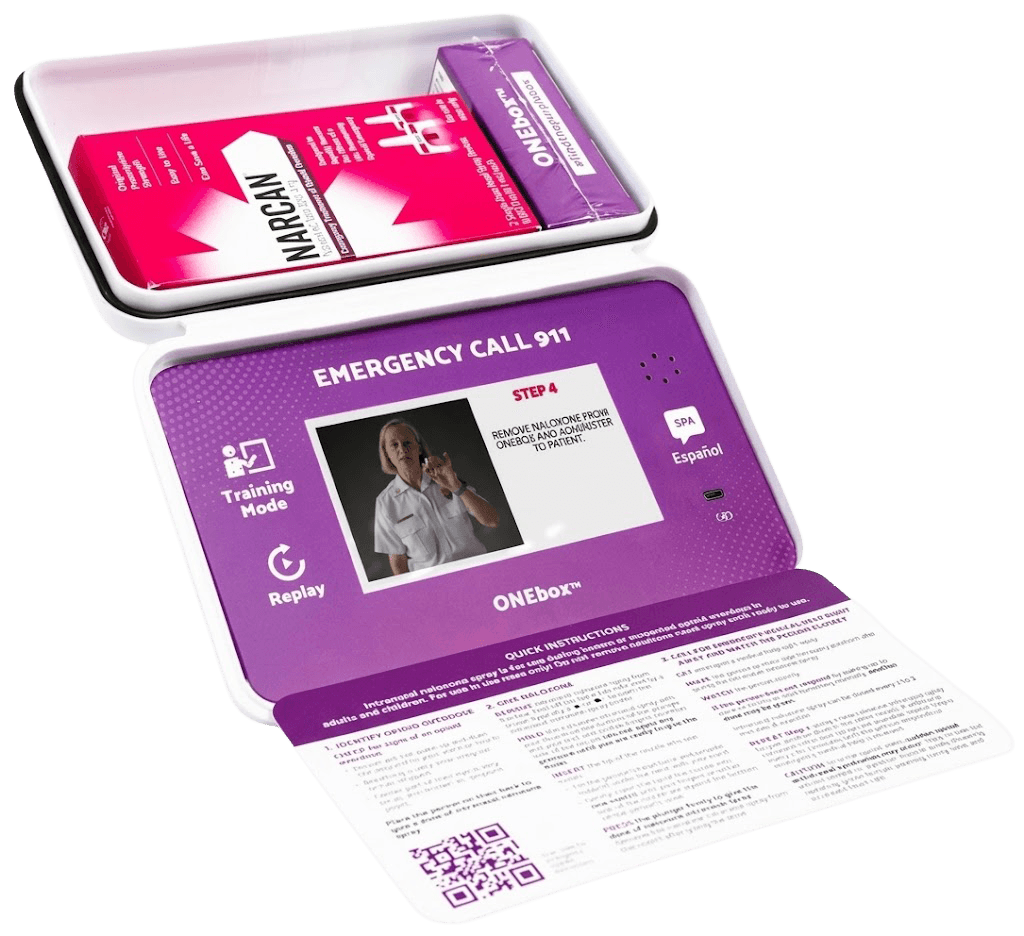 ONEbox® Classic open, showing the video screen and naloxone compartment