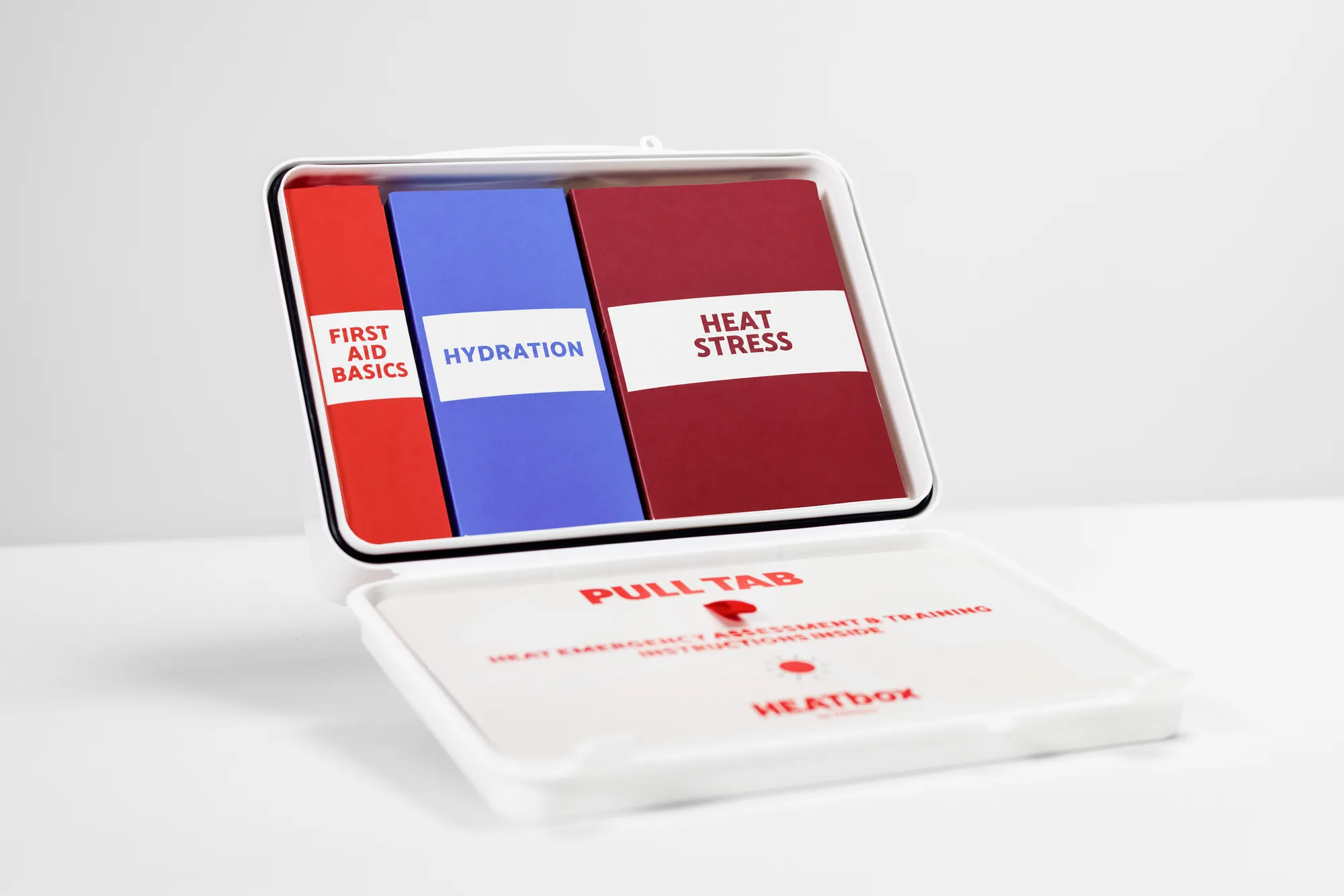 HEATbox open showing first aid, hydration, and heat stress modules