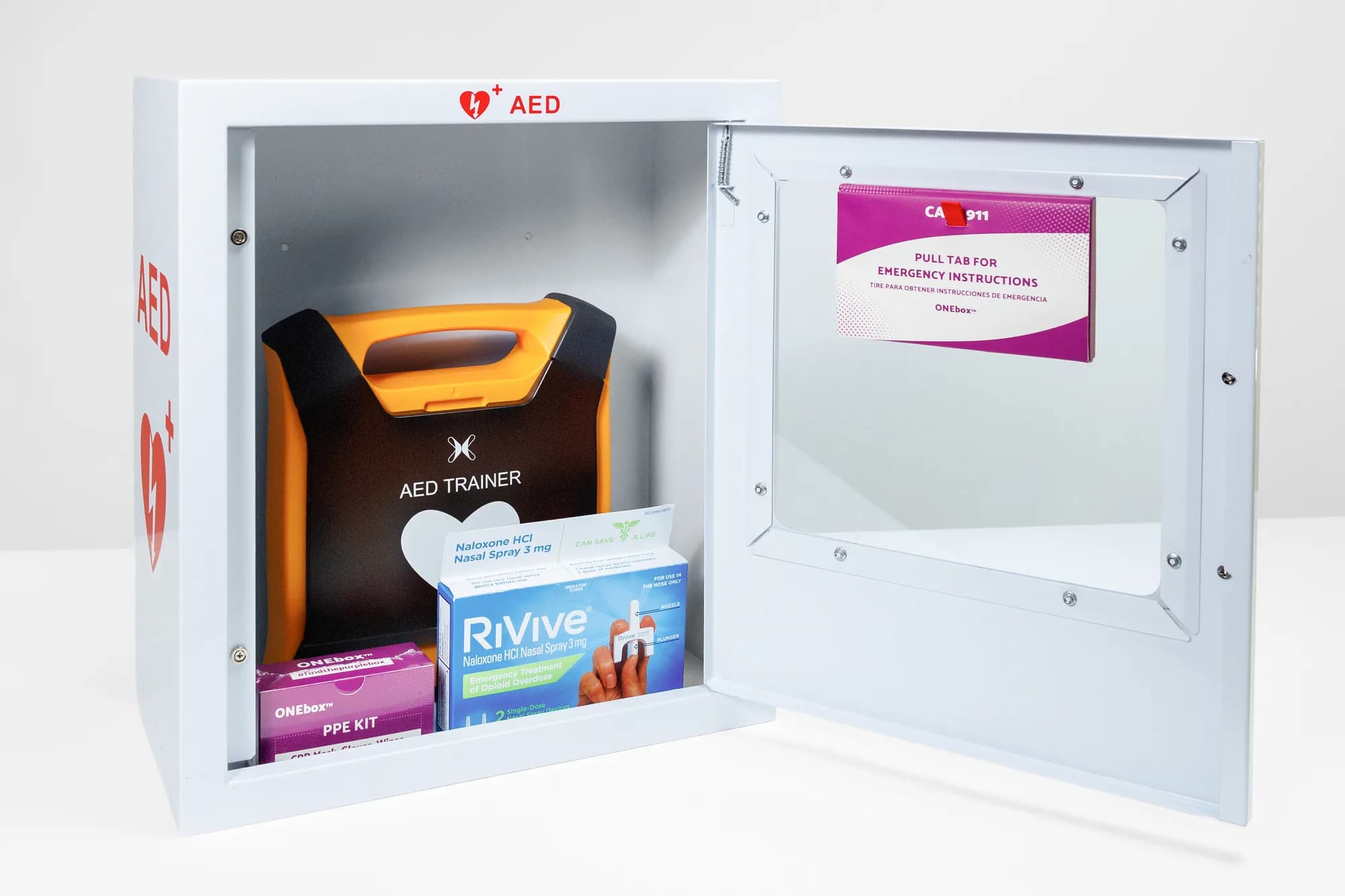 AED wall cabinet open with AED trainer and naloxone